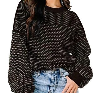 Disamer Women's Crew Neck Sweater Oversized - Black Patterned‎